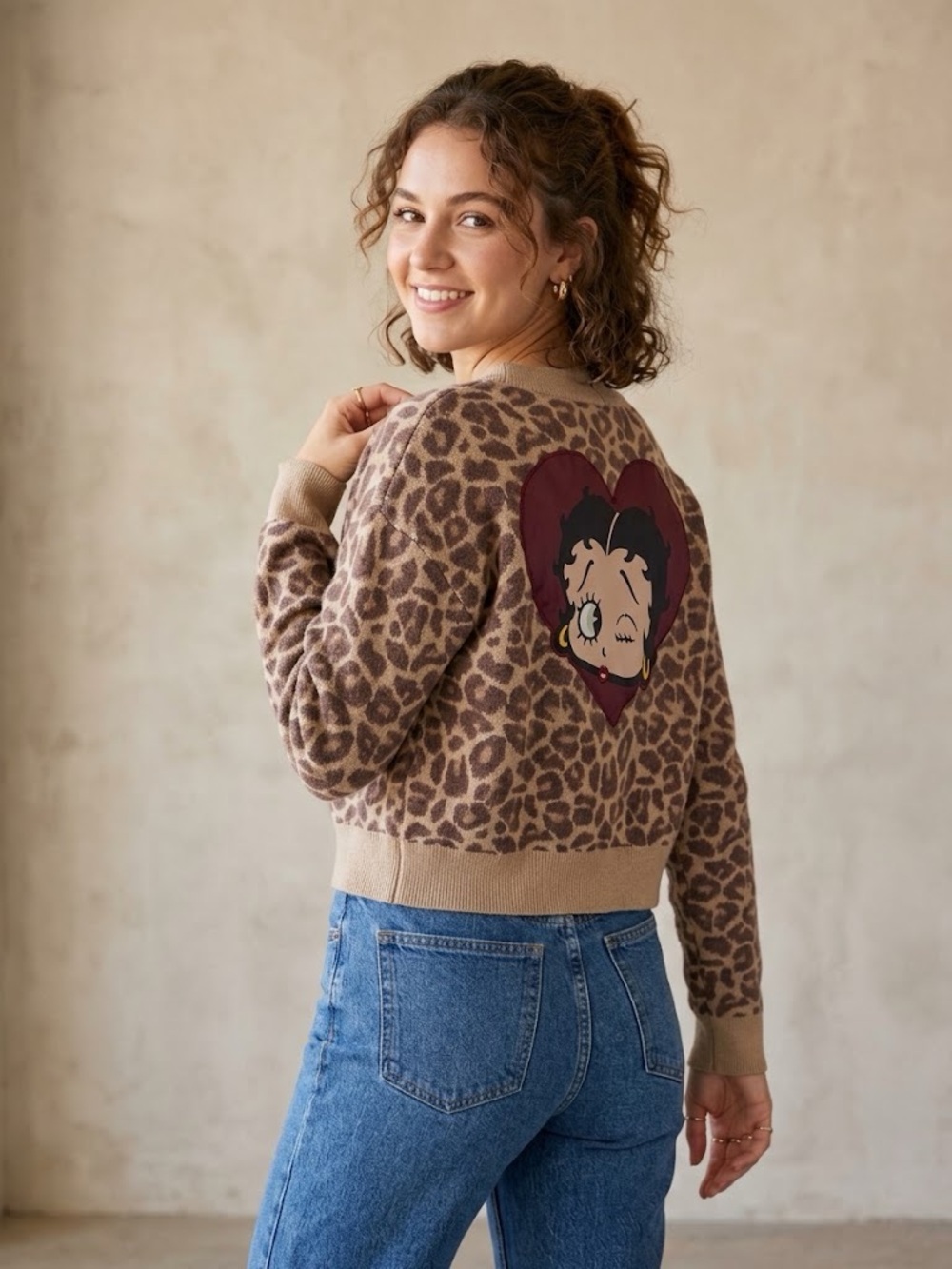 Betty Boop Leopard Print Button Up Cardigan Heart with Back Graphic Size XL